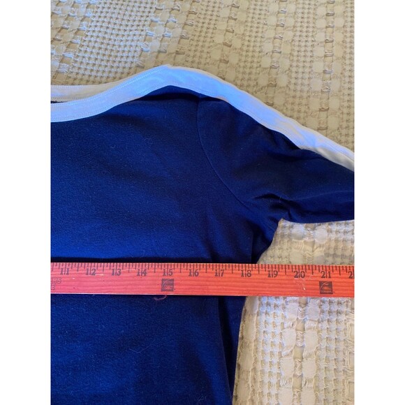Chaps Blouse Size Large(measures  Med) Top Boat Neck Navy White Lacing on Cuffs - Picture 9 of 10